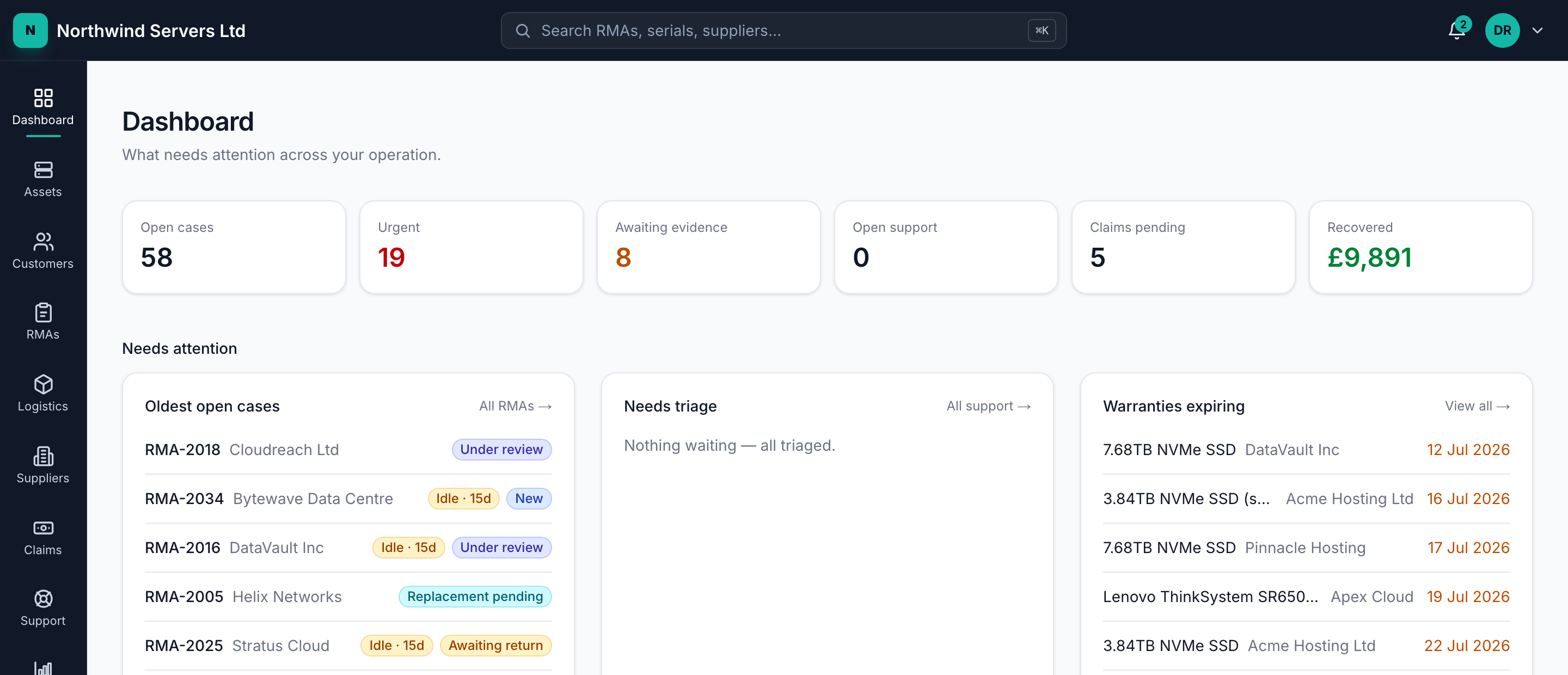 RMA Base operations dashboard showing cases, claims and recovered supplier value