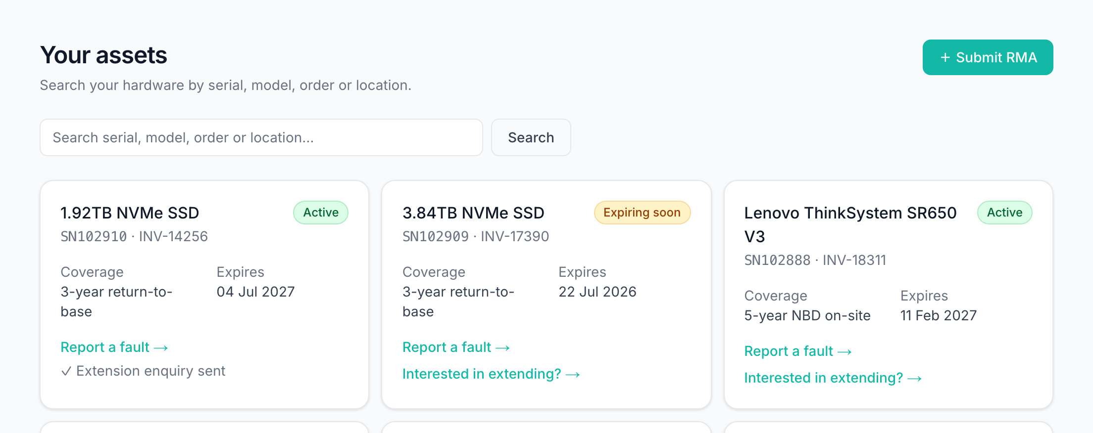 Customer portal showing registered hardware and warranty status